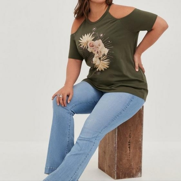 Torrid Floral Cold Shoulder Green Top Size 0 - Large - Picture 3 of 11